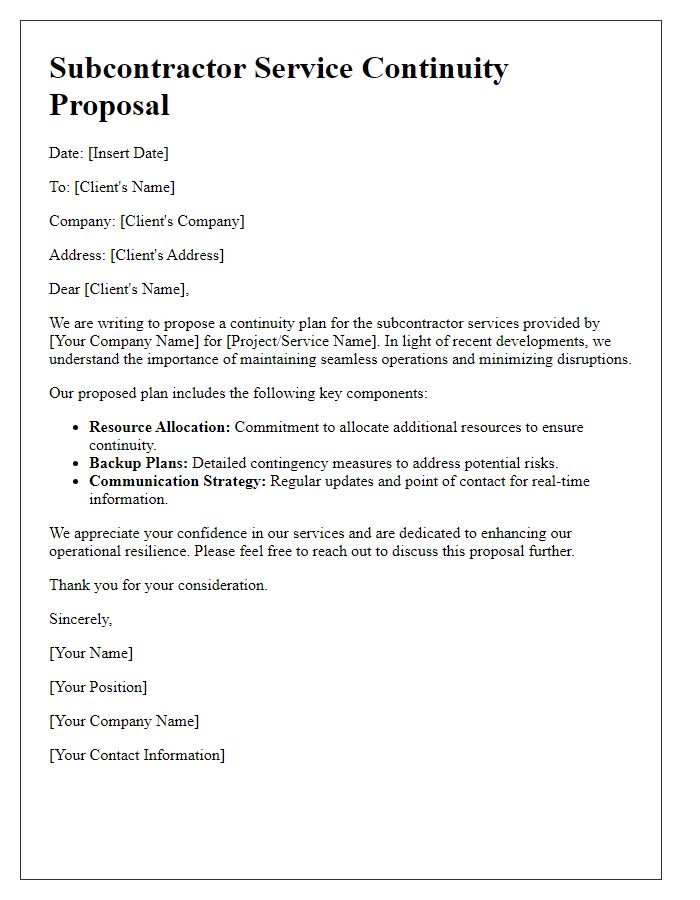 Letter template of subcontractor service continuity proposal