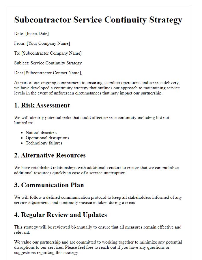 Letter template of subcontractor service continuity strategy