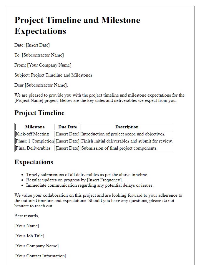 Letter template of project timeline and milestone expectations for subcontractors