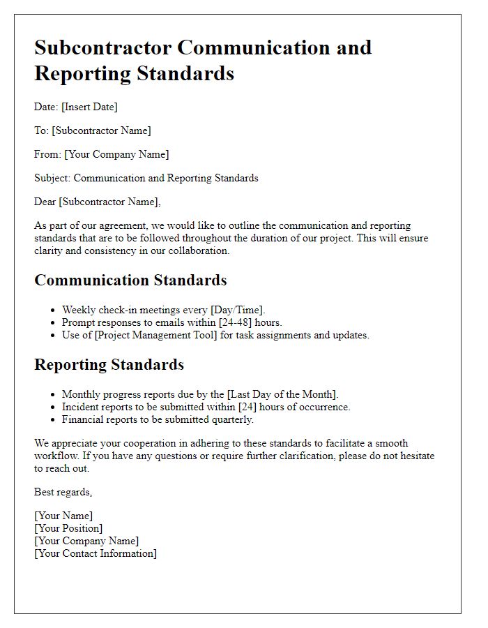 Letter template of subcontractor communication and reporting standards