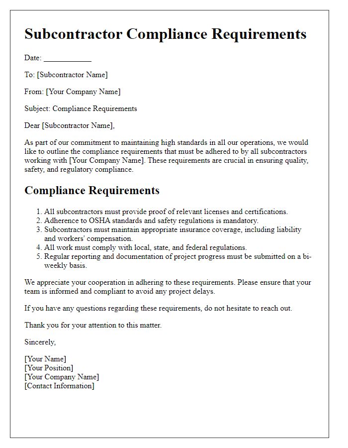 Letter template of subcontractor compliance requirements