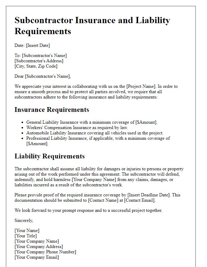 Letter template of subcontractor insurance and liability requirements