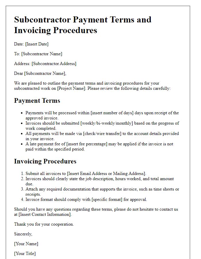 Letter template of subcontractor payment terms and invoicing procedures