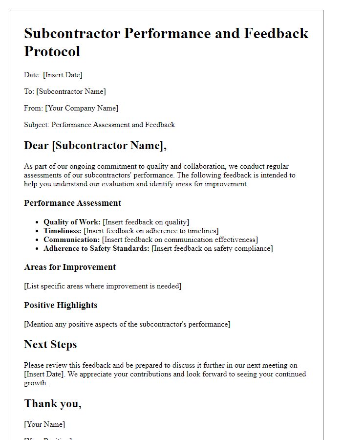 Letter template of subcontractor performance and feedback protocol