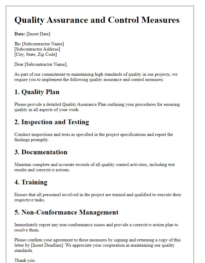 Letter template of subcontractor quality assurance and control measures