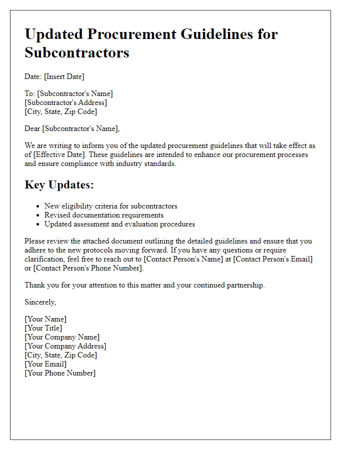 Letter template of updated procurement guidelines for subcontractors