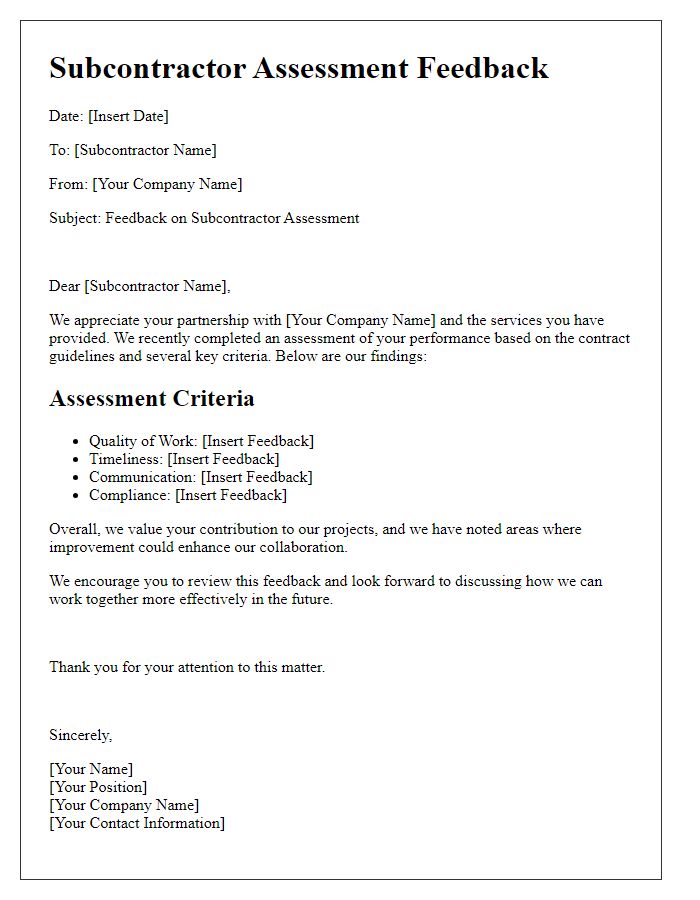 Letter template of subcontractor assessment feedback