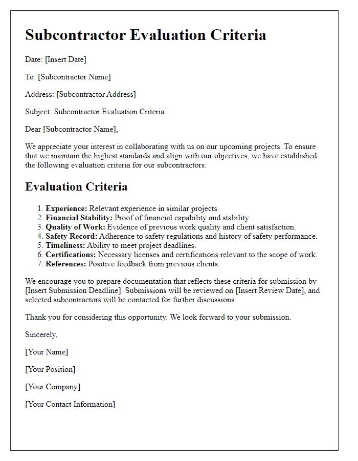 Letter template of subcontractor evaluation criteria