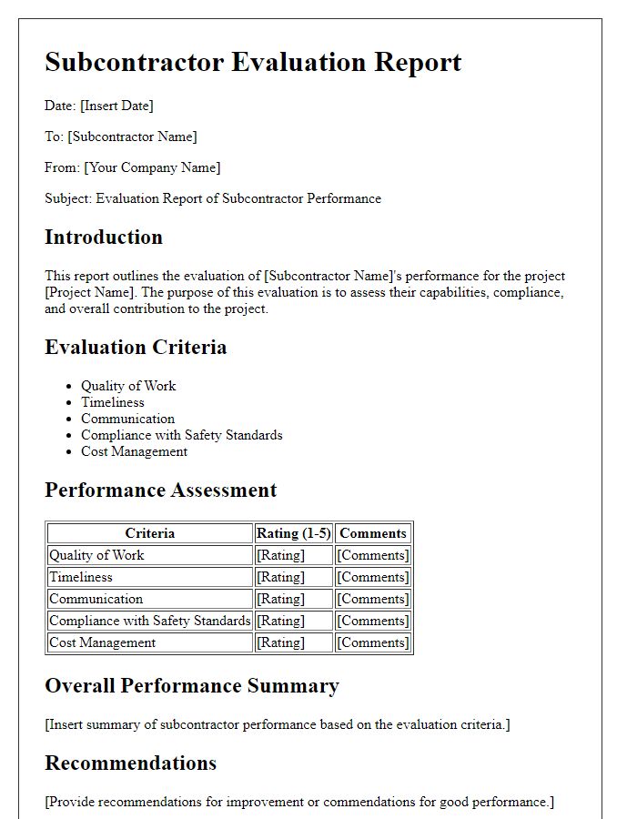 Letter template of subcontractor evaluation report