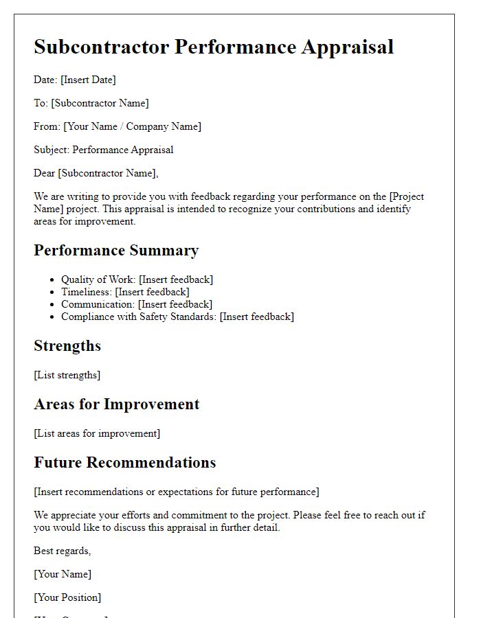 Letter template of subcontractor performance appraisal