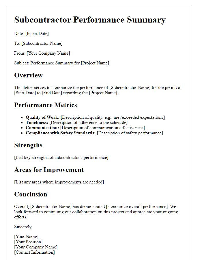 Letter template of subcontractor performance summary