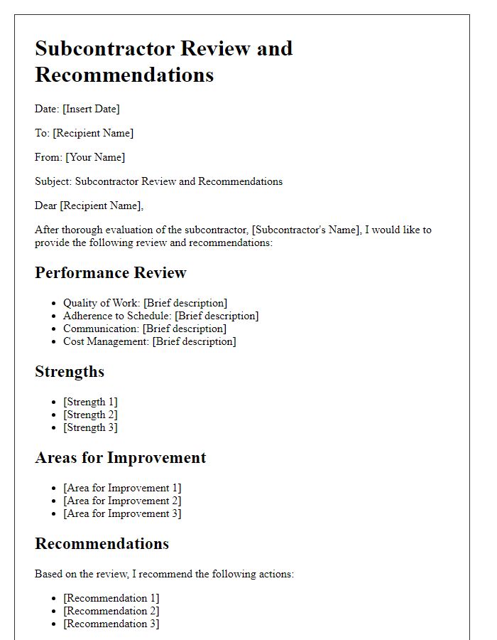 Letter template of subcontractor review and recommendations