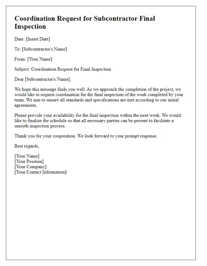 Letter template of coordination request for subcontractor final inspection.