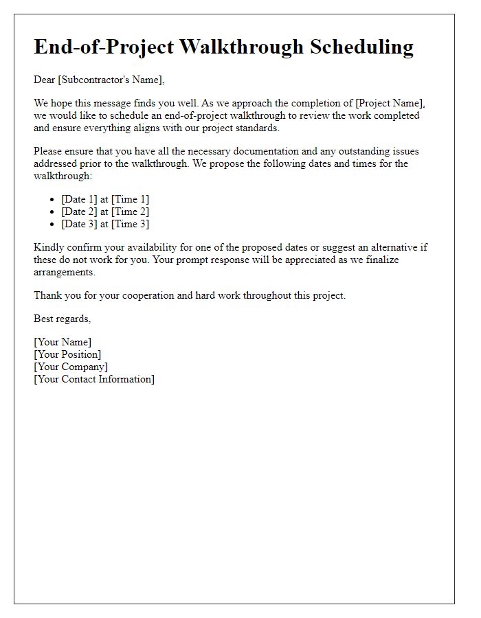 Letter template of end-of-project walkthrough scheduling for subcontractors.