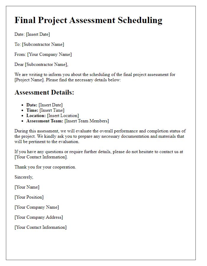 Letter template of final project assessment scheduling for subcontractors.