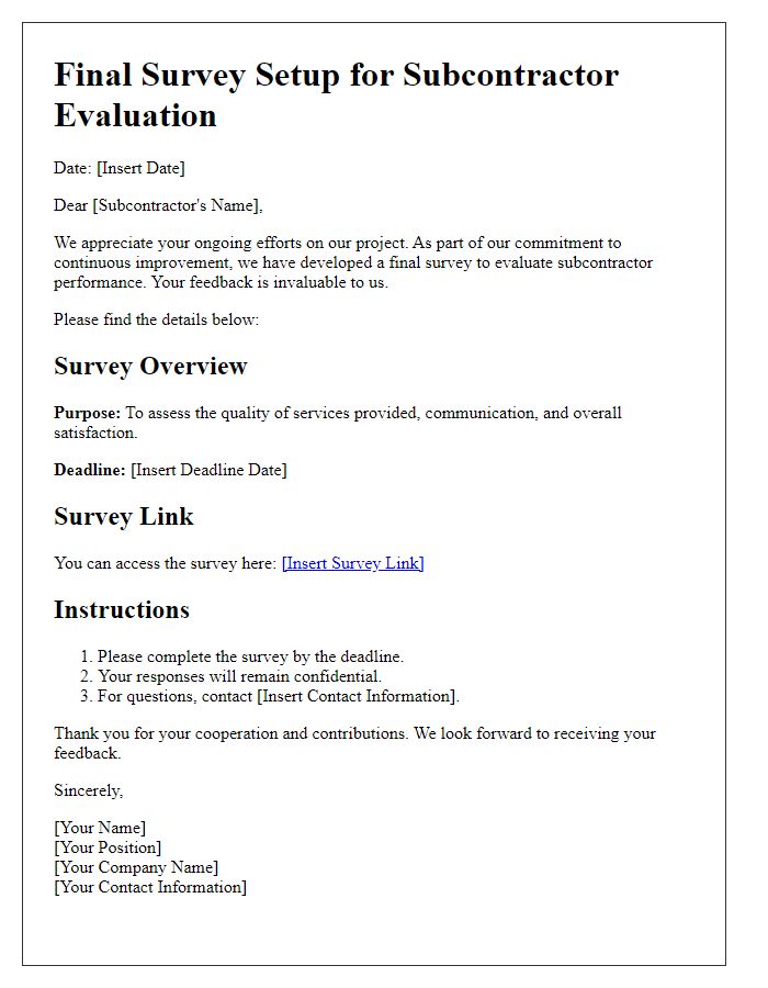 Letter template of final survey setup for subcontractor evaluation.