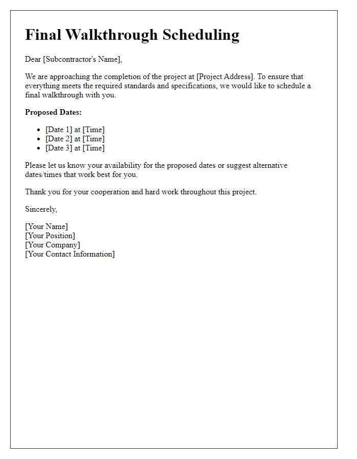 Letter template of final walkthrough scheduling for subcontractors.