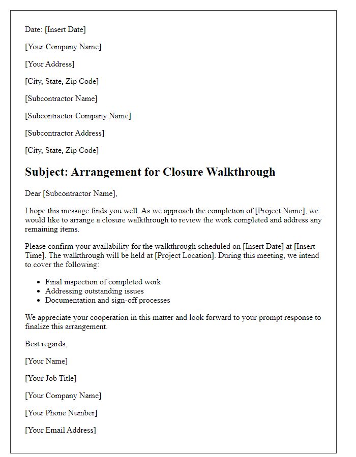 Letter template of subcontractor closure walkthrough arrangement.