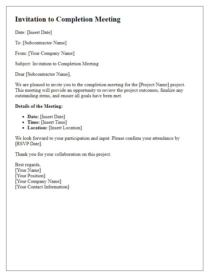 Letter template of subcontractor completion meeting invitation.