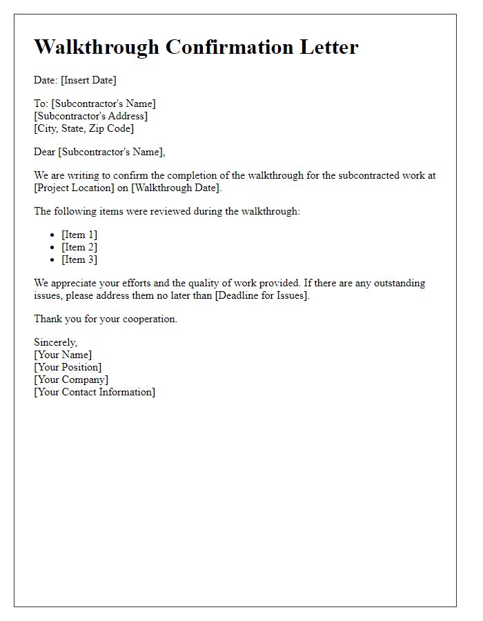 Letter template of subcontractor completion walkthrough confirmation.