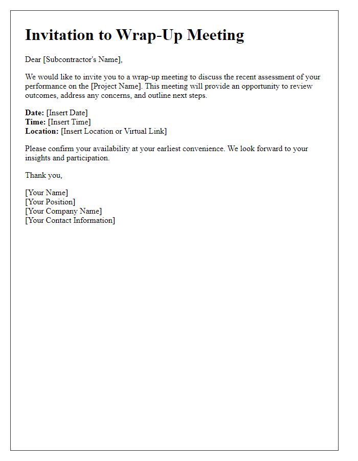 Letter template of wrap-up meeting invitation for subcontractor assessment.