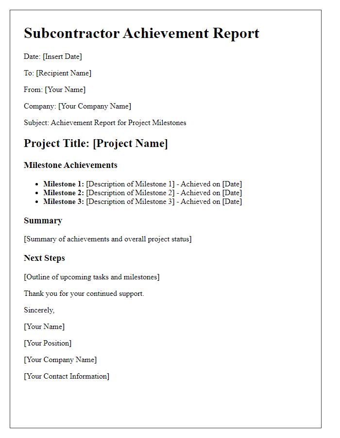 Letter template of subcontractor achievement report for project milestones