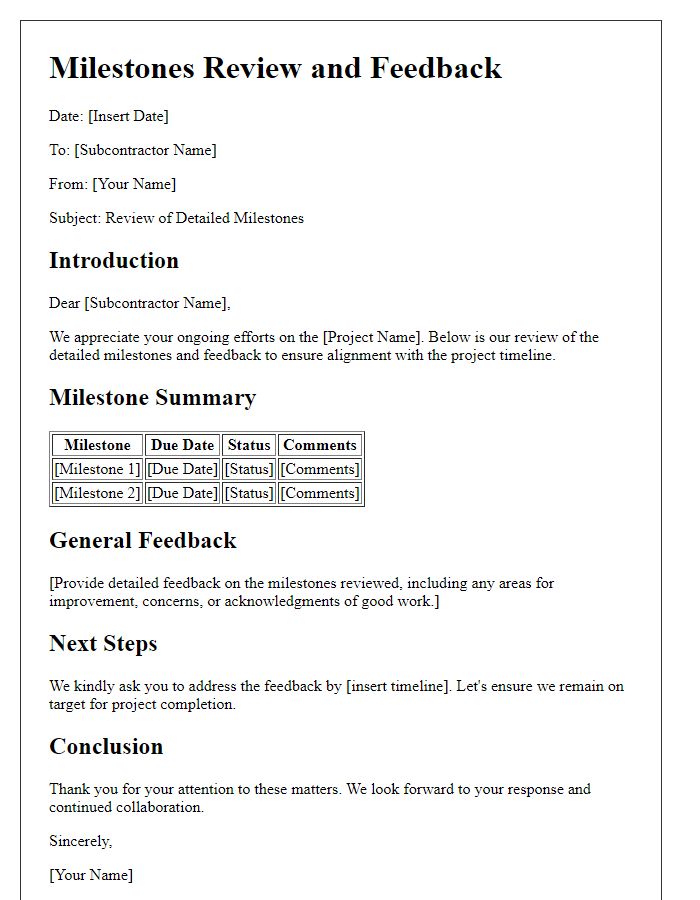 Letter template of subcontractor detailed milestones review and feedback