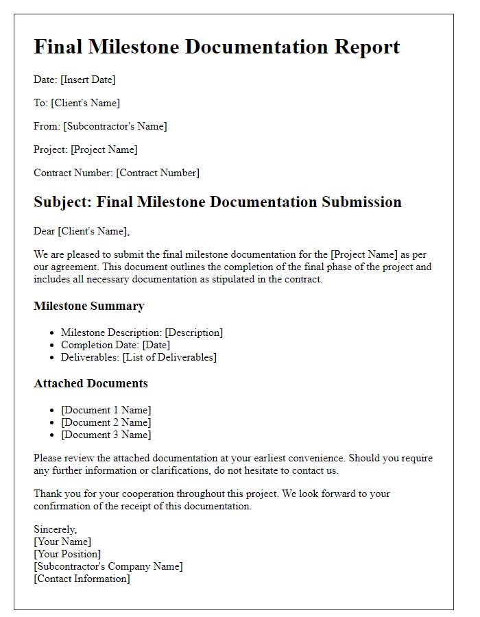 Letter template of subcontractor final milestone documentation report