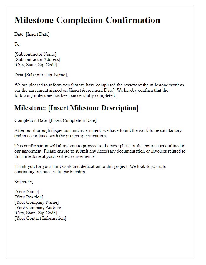 Letter template of subcontractor milestone completion confirmation