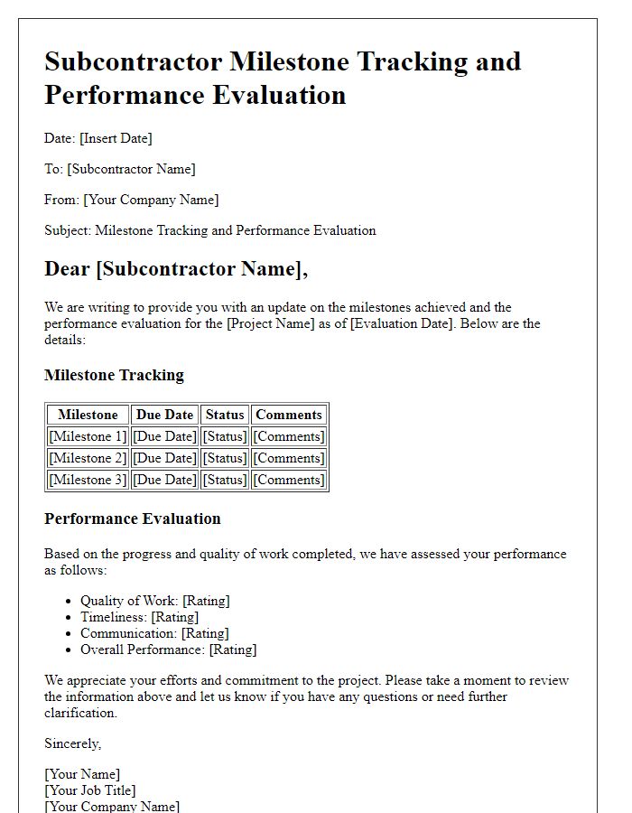 Letter template of subcontractor milestone tracking and performance evaluation