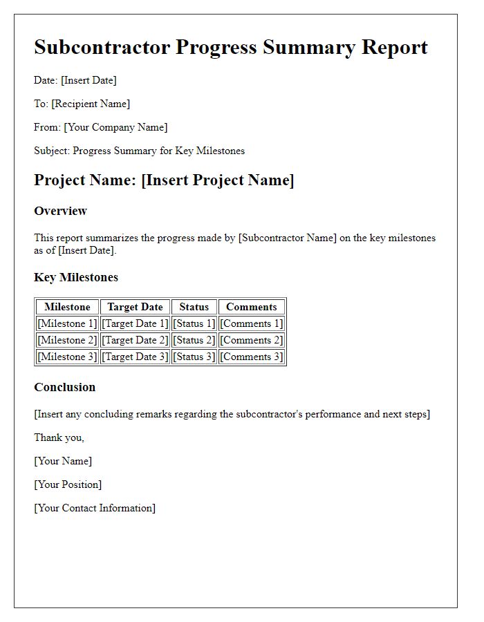 Letter template of subcontractor progress summary for key milestones