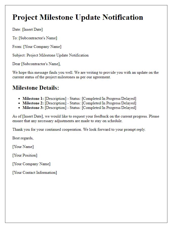 Letter template of subcontractor project milestone update notification