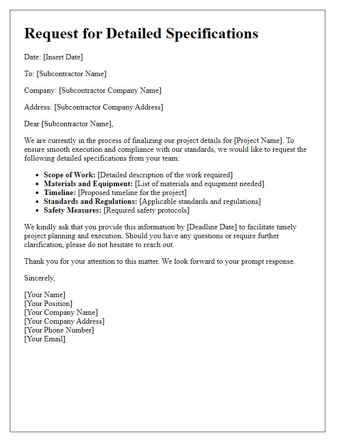 Letter template of detailed specifications request for subcontractor