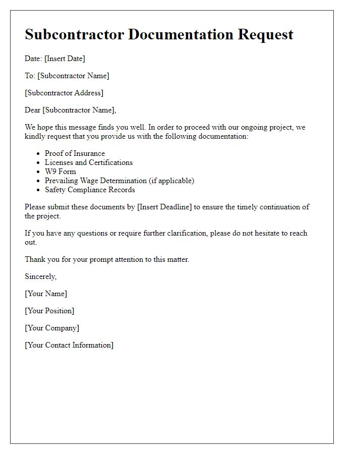 Letter template of subcontractor documentation needs