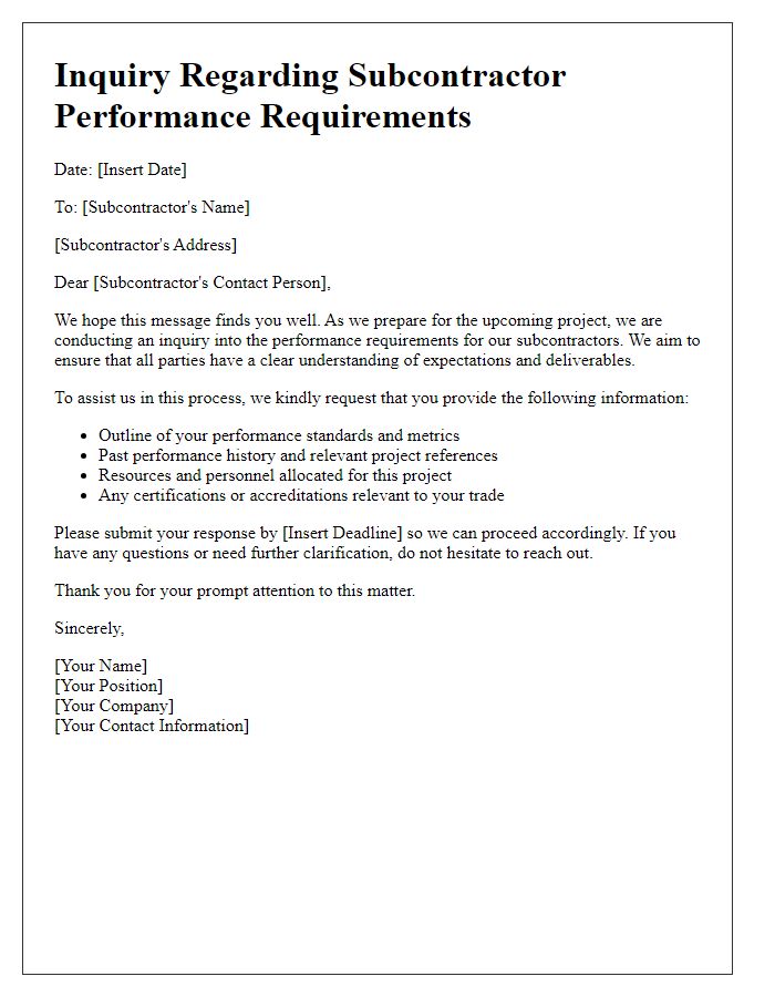 Letter template of subcontractor performance requirements inquiry