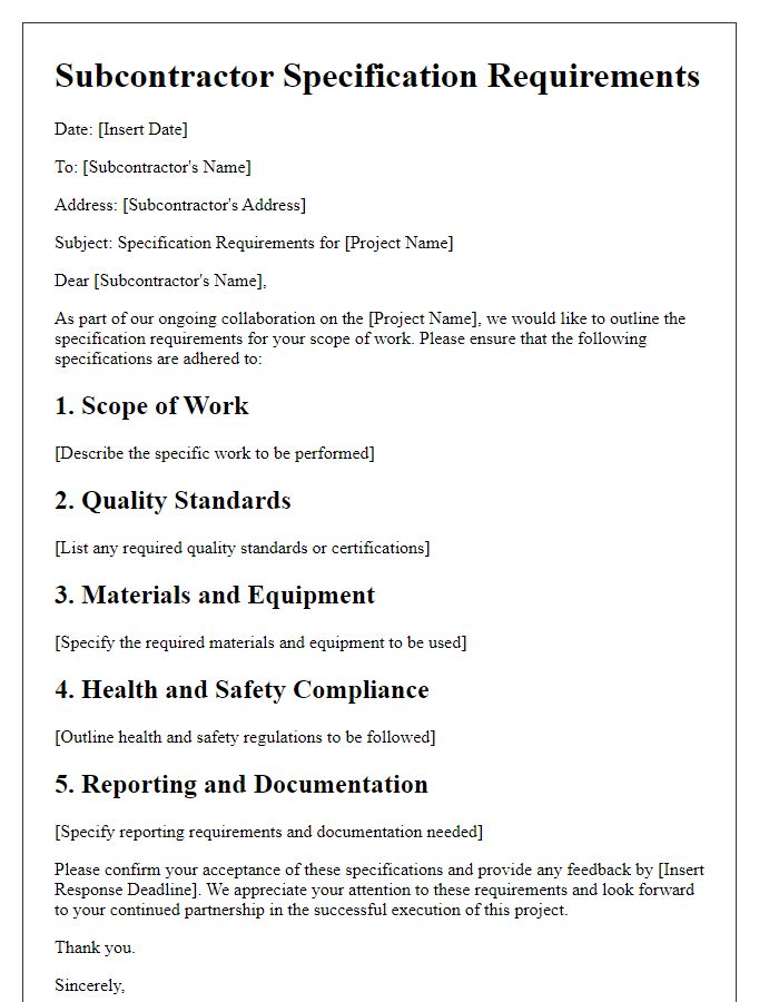 Letter template of subcontractor specification requirements