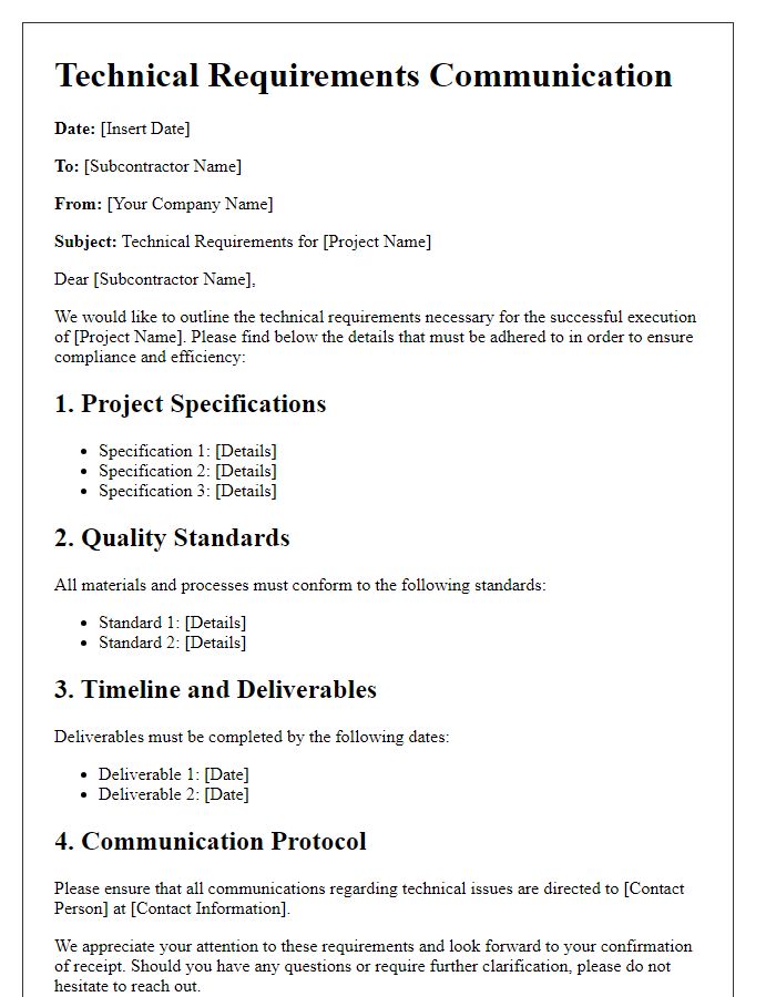 Letter template of subcontractor technical requirements communication