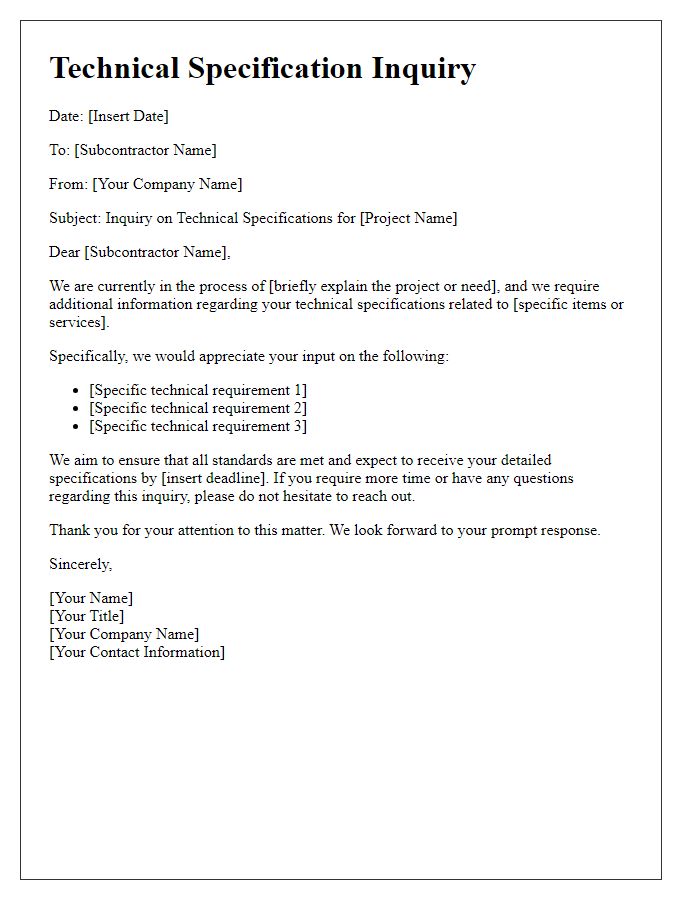 Letter template of subcontractor technical specification inquiry