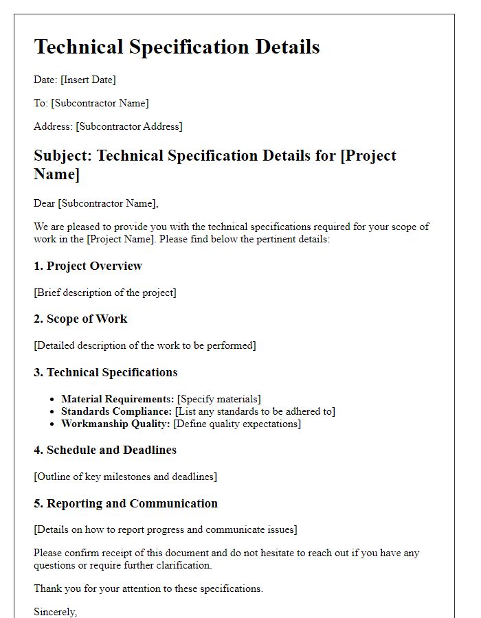 Letter template of technical specification details for subcontractors