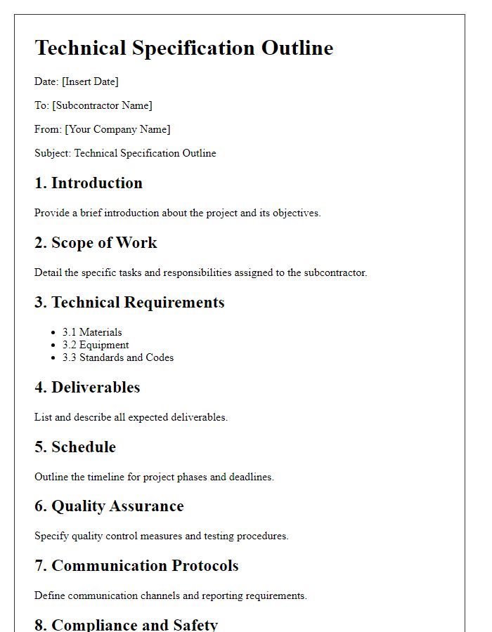 Letter template of technical specification outline for subcontractors