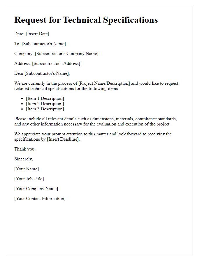 Letter template of technical specifications request for subcontractor