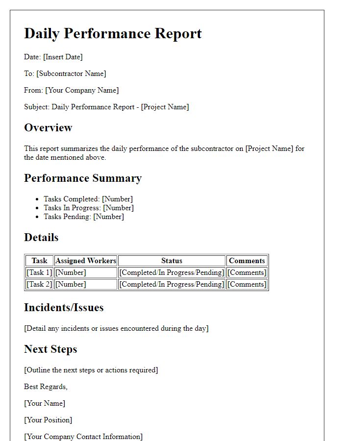 Letter template of daily performance report for subcontractor