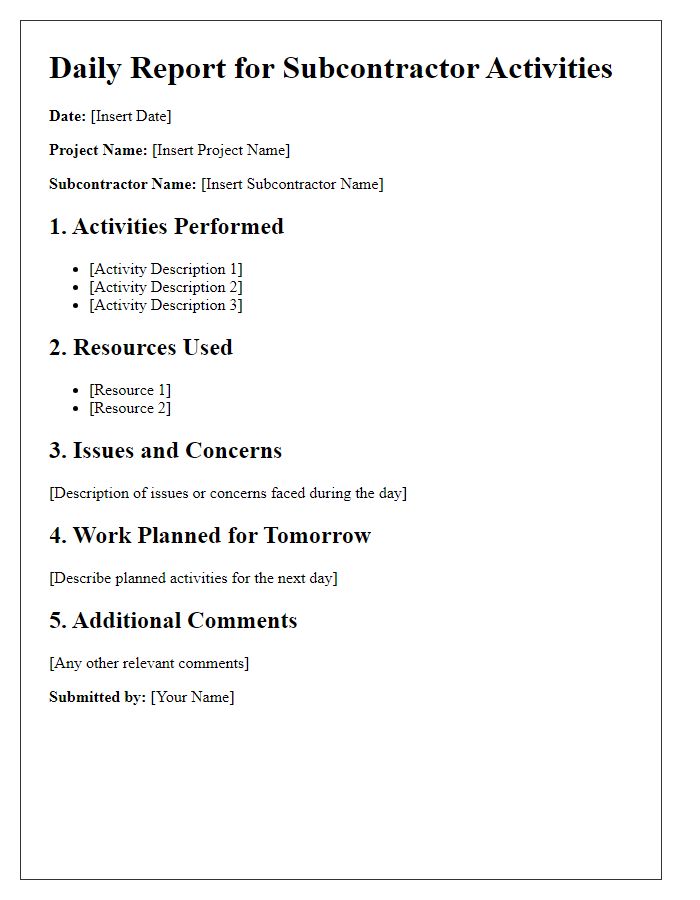 Letter template of daily report for subcontractor activities