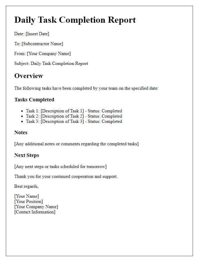 Letter template of daily task completion report for subcontractor