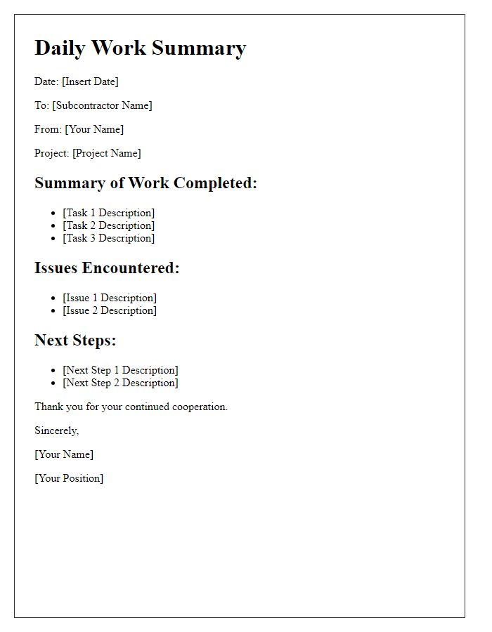 Letter template of daily work summary for subcontractor