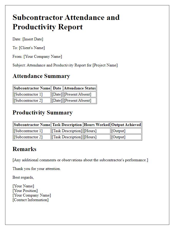 Letter template of subcontractor attendance and productivity report