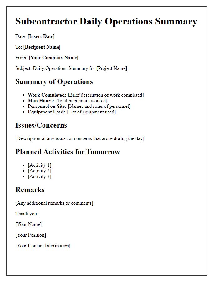 Letter template of subcontractor daily operations summary