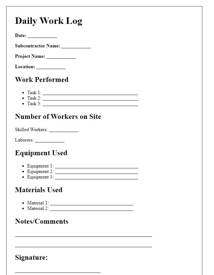 Letter template of subcontractor daily work log