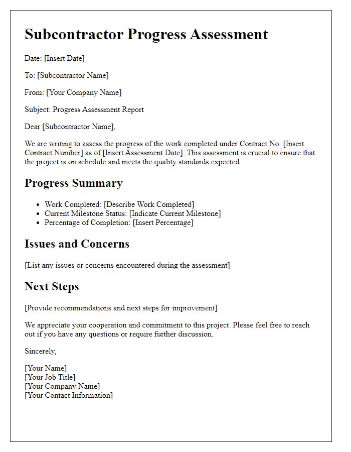 Letter template of subcontractor progress assessment