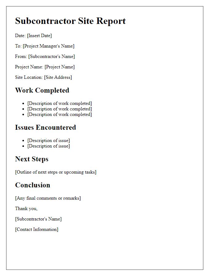 Letter template of subcontractor site report